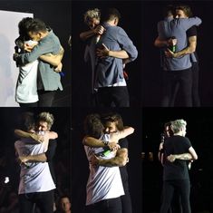 several photos of one person hugging another on stage and the other being hugged by someone else