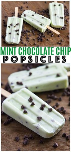 mint chocolate chip popsicles on a wooden table with text overlay that says mint chocolate chip popsicles