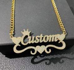 Glitter bling custom crown name necklace with 3mm Cuban chain, personalized engraving, and crown design – Queendom Treasurez. Quince Jewelry, Necklace Name Design, Custom Crown, Stackable Jewelry, Tarnished Silver, Jewelry Accessories Ideas, Crown Design, Cuban Chain, Champagne Gold