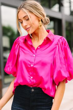 Vibrant pink button down blouse, satin blouses for women Festive Pink Blouse, Cheap Pink Blouse For Night Out, Affordable Pink Relaxed Fit Blouse, Holiday Light Pink Blouse, Luxury Relaxed Fit Pink Blouse, Fucsia Formal Shirt Bow, Pink Satin Blouse, Satin Button Up, Floral Cocktail Dress