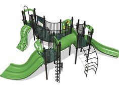 a green and black playground set with slides