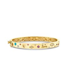 14k yellow gold, diamond and gemstones iconography hinge bangle. The bracelet is appx. 6.25" in size. Fine Jewelry Yellow Gold Multi-stone Bangle, Gold Multi-stone Diamond Bracelet, Yellow Gold Multi-stone Bangle In Fine Jewelry Style, Yellow Gold Bangle Bracelet With Gemstone Accents, Fine Jewelry Multi-stone Bangle, Gold Diamond Multi-stone Bracelets, Luxury Gold Diamond Bracelet With Multi-stone, Gold Diamond Bracelets With Multi-stones, Luxury Jeweled Yellow Gold Bracelets