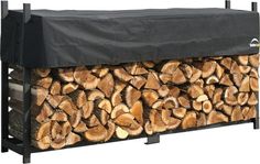 a large pile of logs sitting on top of a metal rack with a cover over it