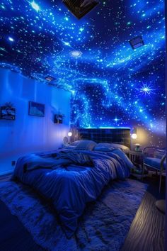 a bedroom with blue lights and stars on the ceiling