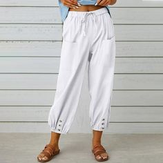 Women's casual versatile pants, pants for women, fashionable design and casual comfort, high quality, 100% brand new, selected high-quality fabrics, durable, to meet your daily wear, universal year-round, wear it is very slim, add highlights to your overall collocation, skin-friendly and comfortable, bring you a better experience, unique style, make you more attractive, wear it you will be confident and beautiful, I believe you will like it. Size: 4.  Color: White.  Gender: female.  Age Group: a Beach Pants Outfit Summer, Beach Pants Outfit, Pants Outfit Summer, Cotton Linen Trousers, Cropped Linen Trousers, Cotton Linen Pants, Linen Crops, Jeans Cargo, How To Hem Pants