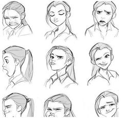 the various stages of facial expression in an animation character's face and head, from nose to mouth