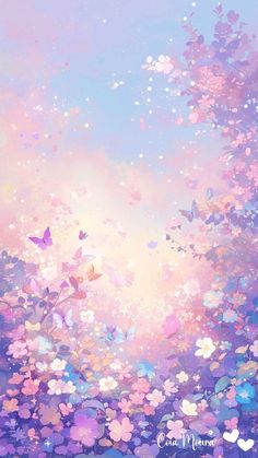 an abstract painting of flowers and butterflies in the sky with pink, blue, and yellow colors