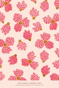 pink flowers with gold dots are on a white background and the words peace creative design studio