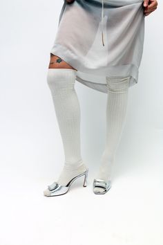 Ribbed knit over the knee length socks in ecru / off white / undyed color. Style it under a sheer dress, or with a mini dress. Knee Length Socks, Ribbed Socks, Sheer Dress, Color Style, Over The Knee, The Knee, Ribbed Knit, Knee Length, Socks