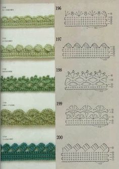 four rows of crocheted laces in green and white, each with different colors