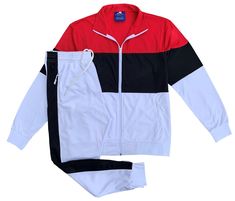 Men's Sports Running Sweat Tracksuit is Great for Gym, Workout, Training, Jogging, Hiking, Outdoor activities and Daily Casual Wear. Comfortable quality in 60% cotton and 40% polyester. Soft and skin-care fabric with good breathability, which is machine washable. Stand collar; Full-zip front offers easy on-and-off; warmth-sealing stretchy ribbed cuffs and stretchable hem provide free motion when exercising. Track pants come with Two Pockets and hemline  Elastic waist with internal drawstring for White Sportswear Tracksuit For Training, Fitted White Tracksuit For Gym, White Moisture-wicking Tracksuit For Streetwear, White Moisture-wicking Tracksuit For Gym, Red Cotton Sporty Tracksuit, White Track Jacket For Training Season, White Track Jacket For Gym During Sports Season, Sporty White Tracksuit For Gym, White Sporty Tracksuit For Gym