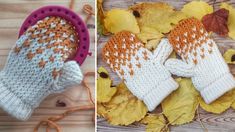 two pictures one with gloves and the other with autumn leaves