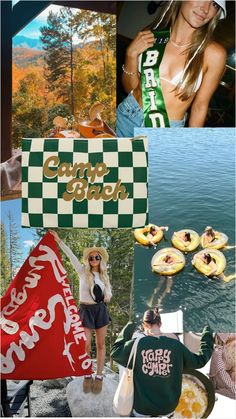 collage of photos with people and food in the background, including an image of a woman holding a flag