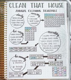 a spiral notebook with the words clean that house written on it