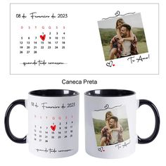 two black and white coffee mugs with the same photo on them, one has a heart