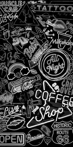 black and white photograph of coffee shop signs on chalkboard with writing all over it