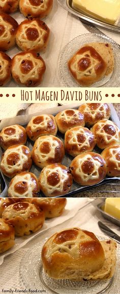 hot magen david buns with cheese and butter on the side are shown in this collage