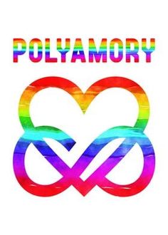 the word polyamory is written in rainbow colors on a white background with an intertwined