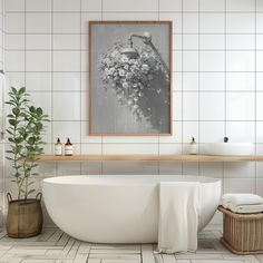 a bathroom with white tiles and a large tub