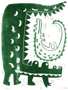 a green and white drawing of an animal's head in the shape of a rectangle