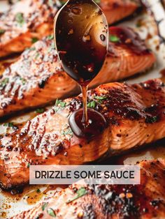 a spoon drizzle some sauce on top of salmon