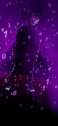 a man standing on top of a purple background with numbers coming out of his face