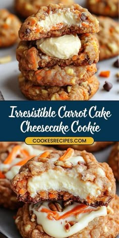 three carrot cake cheesecake cookies stacked on top of each other with the title in the middle