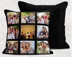 a black pillow with family photos on it