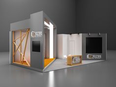 an exhibition booth with white walls and yellow accents on the floor, in front of a gray wall