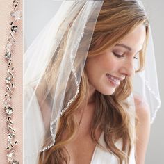 a woman wearing a wedding veil with crystal beads on the side and a bridal veil