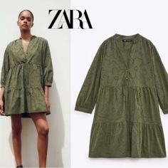 Cute Short Dress With Round Collar And V-Neckline Below-The-Elbow Length Sleeves Tonal Lined Interior Embroidered Eyelet Detail Front Closure With Self Line Bottom Casual Green Embroidered Long Sleeve Dress, Green Casual Long Sleeve Embroidered Dress, Casual Green Long Sleeve Embroidered Dress, Green V-neck Embroidered Dress For Spring, Zara Casual Long Sleeve Embroidered Dress, Casual Zara Embroidered Long Sleeve Dress, Zara Button-up Mini Dress For Spring, Zara Button-up Spring Dresses, Spring Green Embroidered V-neck Dress