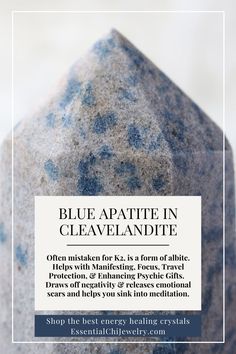 A close-up of a rare blue apatite in cleavelandite crystal tower, so you can see the crystal formation and get a positive ID since this is often mistaken for K2 which is azurite in granite. Crystal meaning is good for manifesting, travel protection, enhancing spiritual gifts, focus, and aids in a deeper meditation practice. Releases emotional scars that come with abandonment. Shop the best energy healing crystals at essentialchijewelry.com Crystals For Travel, Libra Gemini, Tarot Gifts, Focus On The Positive, Nature Witch, Psychic Gifts, Metaphysical Store, Sage Smudging, Crystal Home Decor