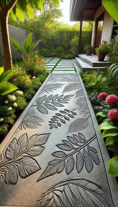 an outdoor walkway surrounded by plants and flowers