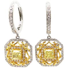 Estate 18k White & Yellow Gold Fancy Yellow Radiant Cut Diamond Dangle Earrings White Diamond Dangle Earrings, Fancy Yellow Diamond, Diamond Dangle Earrings, Radiant Cut Diamond, Earring Crafts, Radiant Cut, Women Diamond, Lovely Jewellery, Yellow Diamond