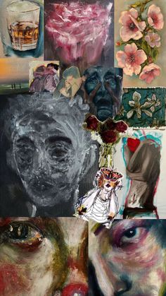 a collage of different images with flowers and pictures on the wall above them, including an image of a woman's face