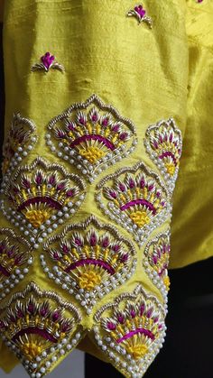 Thread Embroidered Blouse Designs, Blouse Design Maggam Work, Yellow Blouse Design, New Saree Blouse Designs, Blouse Designs Indian