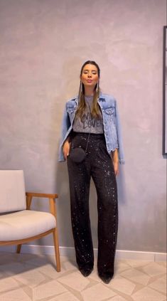 Outfits With Sparkly Pants, Velvet And Sequin Outfit, Black Sparkly Trousers Outfit, Casual Sparkle Outfit, How To Style Black Sequin Pants, Concert Winter Outfit Night, Sequin Jeans Outfit, Black Shiny Pants Outfit, Sequin Street Style