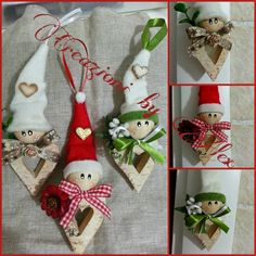 three pictures of christmas decorations with elves and hearts on the top one is made out of fabric