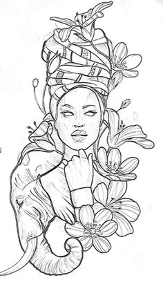 a drawing of a woman with flowers in her hair