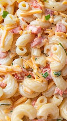 pasta salad with ham and cheese in a bowl