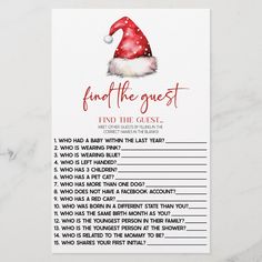 a christmas party game with santa's hat on it and the words find the guest