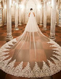 a woman in a wedding dress and veil is standing inside an ornate building with columns