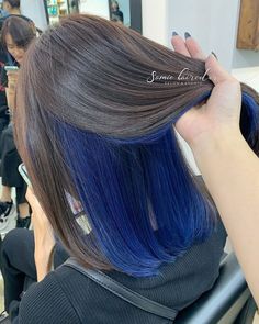 Denim Blue Peekaboo Hair, Dark Blue Hair Underneath Brown, Light Brown Hair With Blue Underneath, Undercolor Hair Ideas For Brown Hair, Blue And Light Brown Hair, Blue Hair On Brown Hair, Hidden Light Hair, Hidden Hair Color Ideas, Blue Underneath Hair