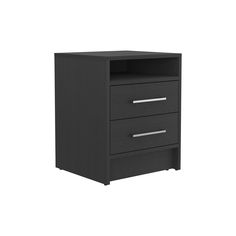 a black night stand with two drawers on one side and an open drawer on the other