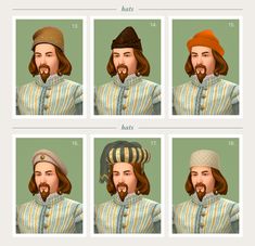 four different images of a man with beards and hats on his head, in various poses