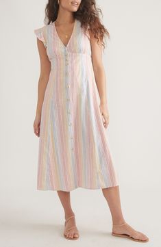 Sunny stripes sweeten the style of a breezy, woven A-line midi dress that's ruffled at the sleeves and smocked at the back waist. Front button closure; hook-and-eye closure Deep V-neck Cap sleeves 54% hemp, 44% Tencel® lyocell, 2% spandex Tencel lyocell is a sustainably produced fiber made with closed-loop processing Machine wash, tumble dry Imported Summer Midi Dress With Button Closure For Day Out, Summer Button Closure Midi Dress For Day Out, Casual Midi Sundress For Brunch, Casual Summer Midi Dress With Button Closure, Summer Daywear Midi Dress With Button Closure, Summer Midi Dress For Daywear With Button Closure, Feminine Midi Dress With Buttons, Feminine Midi Length Dress With Buttons, Sundress Style Midi Dress With Button Closure For Vacation