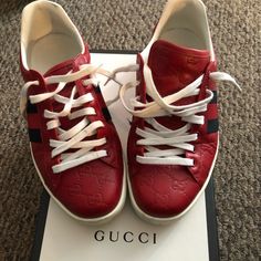 Mens Low Top Gucci Sneakers (Box Only Included If It Can Fit In Pre Paid Shipping Box.) Designer Red Sneakers With Branded Heel Counter, Designer Custom Sneakers With Red Sole, Designer Red Sneakers With Branded Heel, Designer Custom Low-top Sneakers, Casual Gucci Sneakers With Embossed Logo, Designer Gucci Custom Sneakers With Rubber Sole, Gucci Designer Custom Sneakers With Rubber Sole, Gucci Sporty Sneakers With Red Sole, Designer Red Sneakers For Streetwear