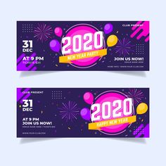 two new year's eve party banners with fireworks and confetti on purple background