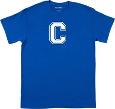 a blue t - shirt with the letter c in white on the front and bottom