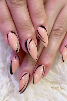 Elevate your almond nails with a natural peach hue by @hannah_sd_nails, enhanced by subtle black nail art stripes for a chic and modern twist on a classic manicure. Explore endless creativity with Nailustrous - For 25 Almond Nail Design Ideas and more, visit our website and elevate your nail game today! Classic Manicure, Nail Art Stripes, Black Nail Art